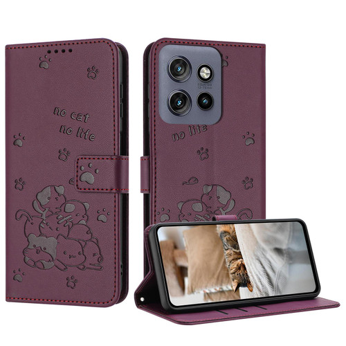 Moto G 2025 Embossed Kitten Phone Leather Case with Lanyard - Wine Red